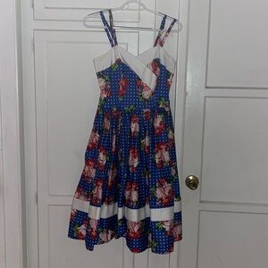 Unique Vintage Blue Polka Dot Dress with Red and Pink Roses